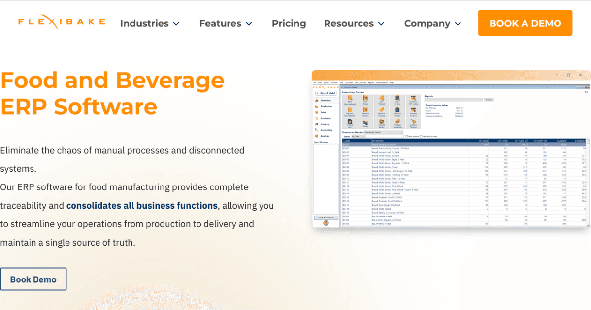 Screenshot of the FlexiBake bakery software interface